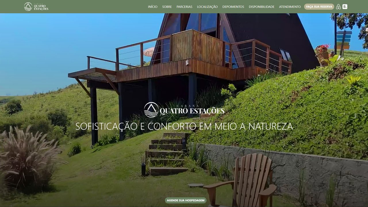Site da Cabana Quatro Estações — página inicial com a cabana A-frame na Serra do RJ