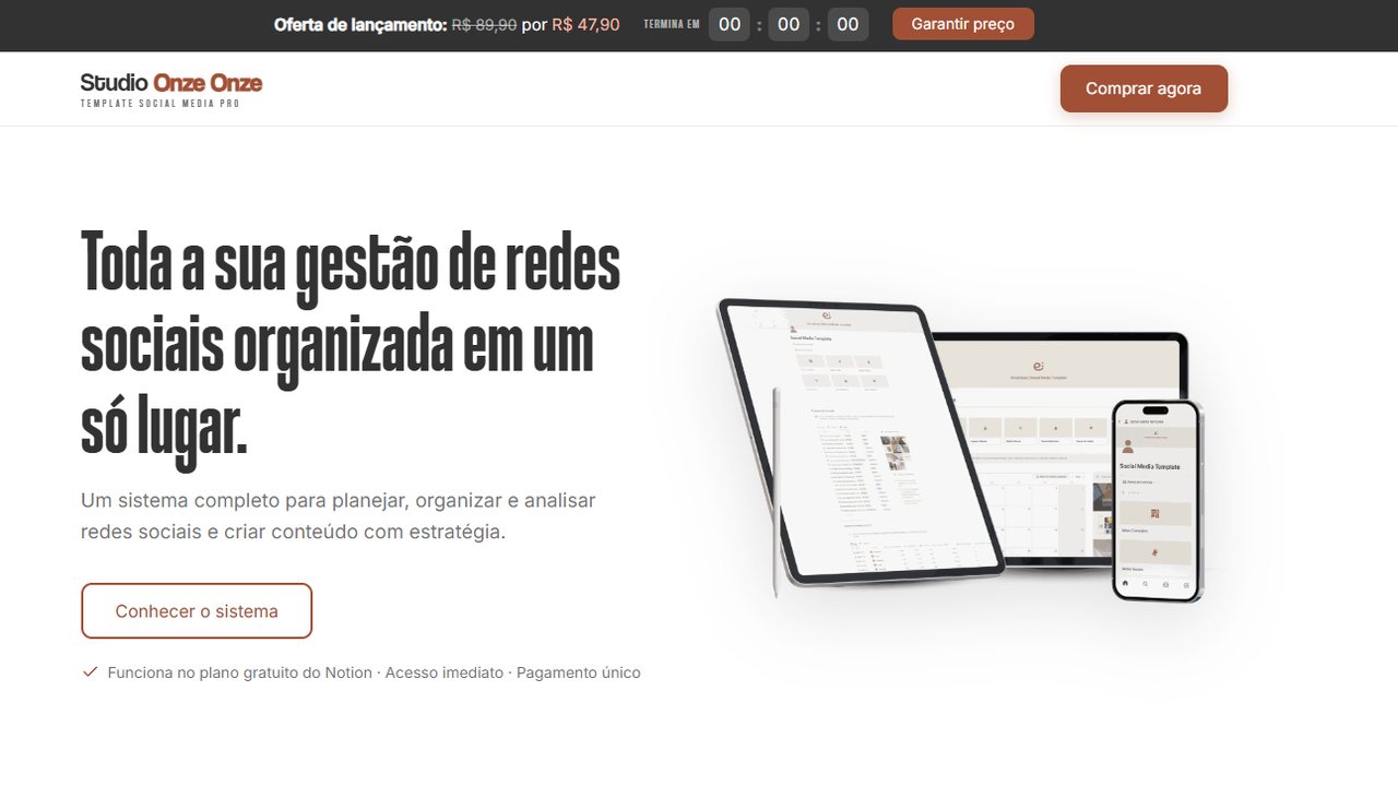 Landing page do Template Social Media Pro — sistema de gestão de redes sociais no Notion